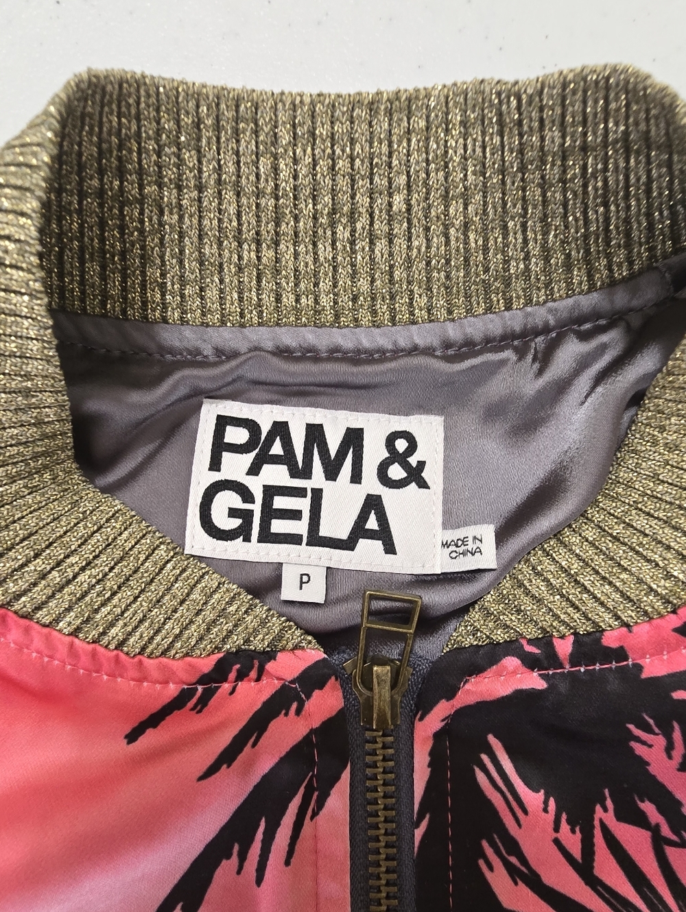 Pam & Gela Pink Black Palm Print Satin Bomber Jacket ASO Women's Small - Picture 6 of 11